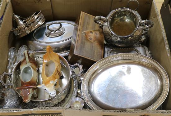 A quantity of plated ware and 2 ceramic cow creamers